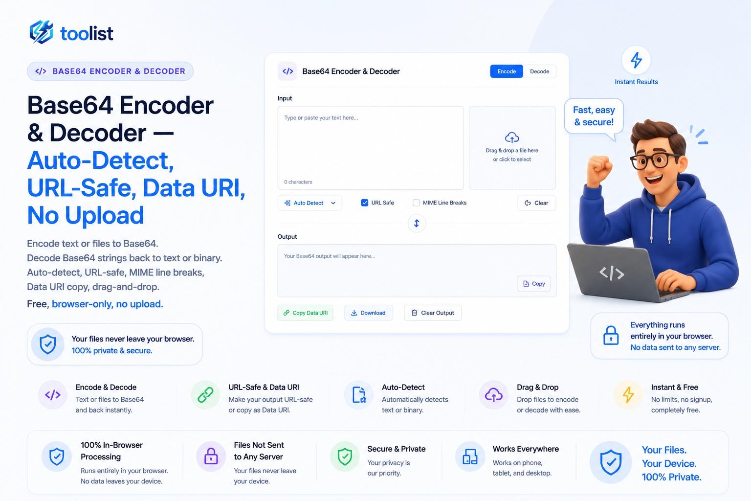 Toolist Base64 Encoder and Decoder tool showing a two-panel interface with encode and decode modes, URL-safe toggle, line break settings, and size comparison.