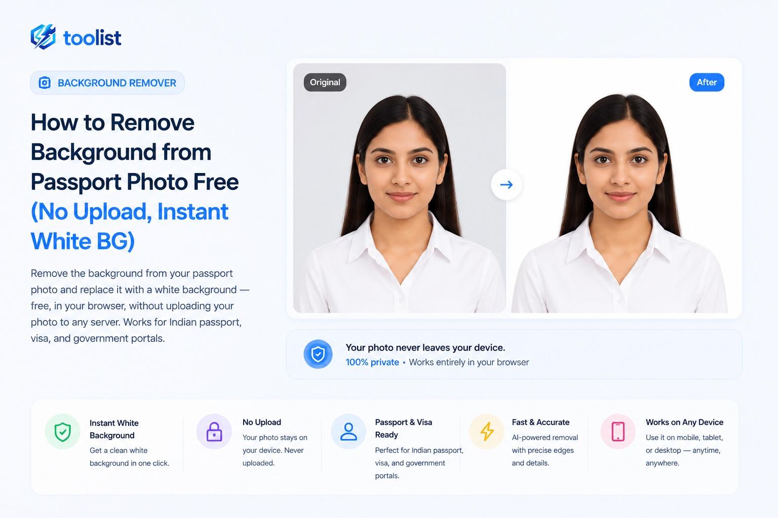 Passport photo with white background created using Toolist Background Remover