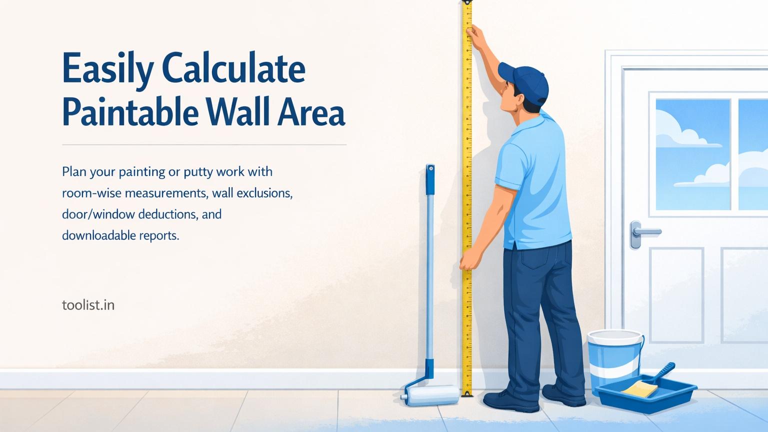 Illustrated cover showing a room plan with measurements, excluded windows and doors, and a paint area report for contractors and house owners.