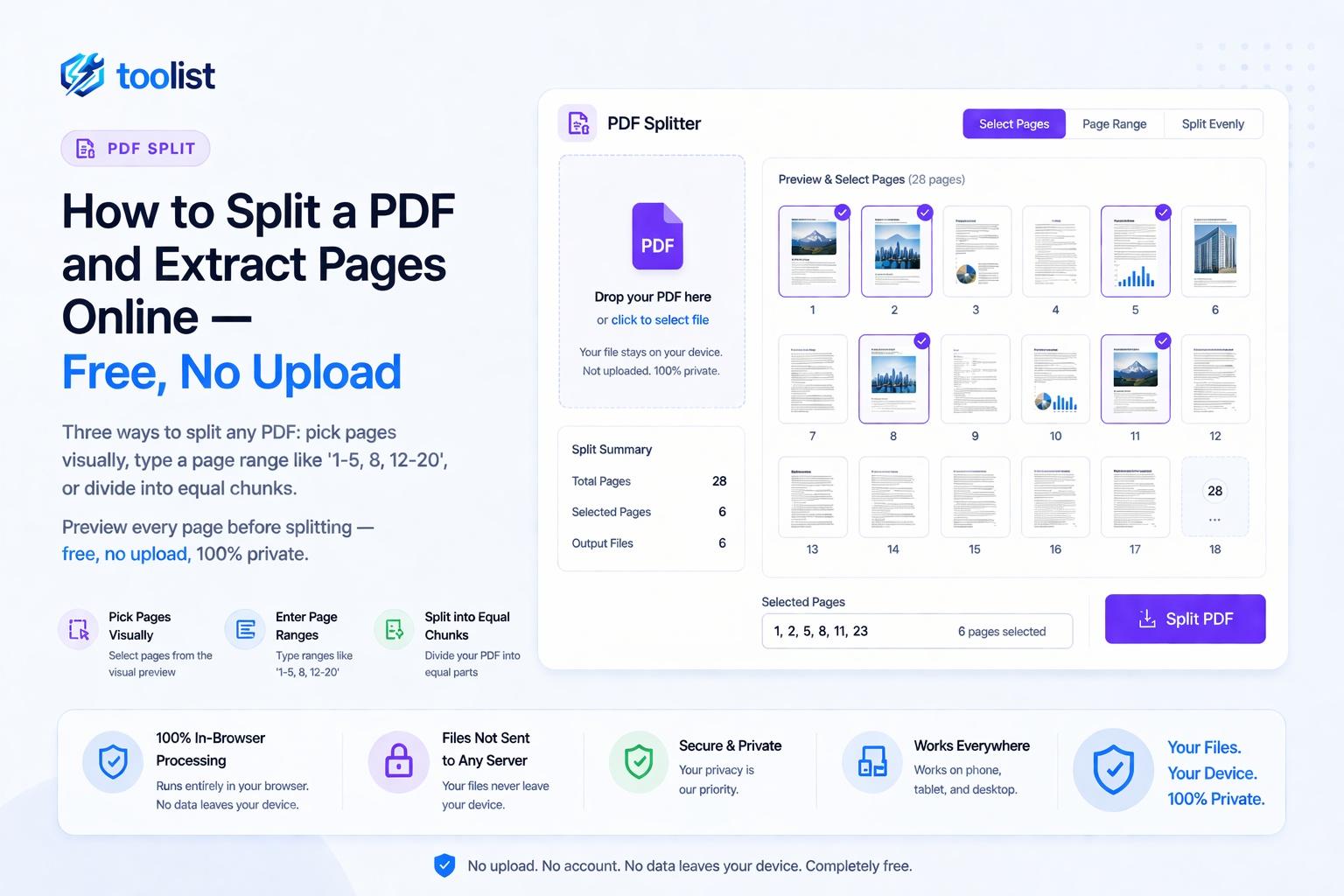 Toolist PDF Split tool showing three splitting modes — Pick Pages, Page Range, and Every N Pages — with visual page thumbnails.