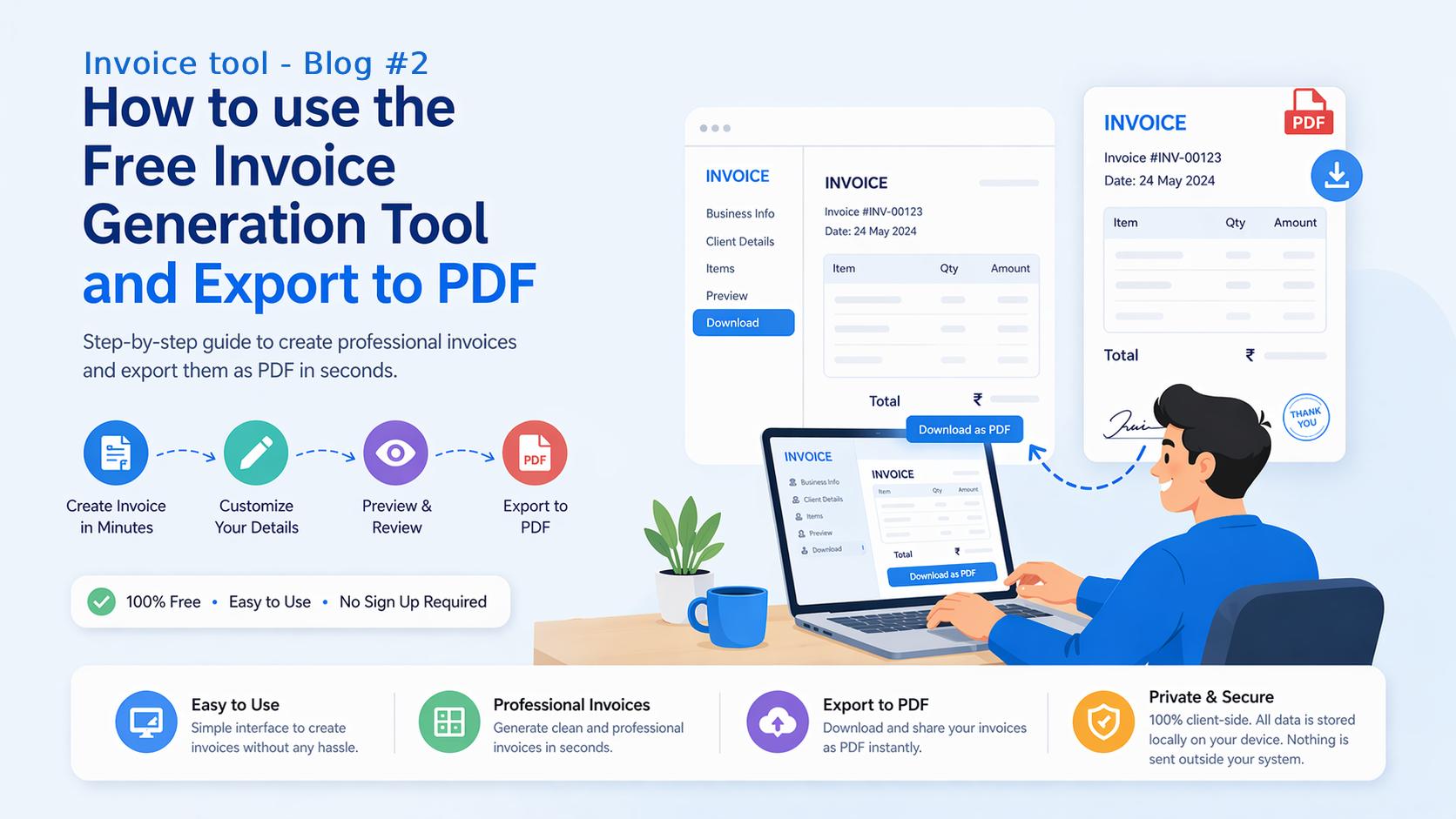 Invoice builder interface showing line items, GST breakdowns, and a PDF preview with three template options — Modern, Classic, and Minimal.
