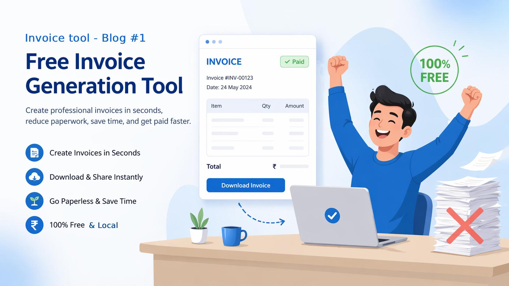 Toolist Invoice Generator tool showing the dashboard with invoice summary cards, a list of invoices, and a setup wizard — free and browser-based.