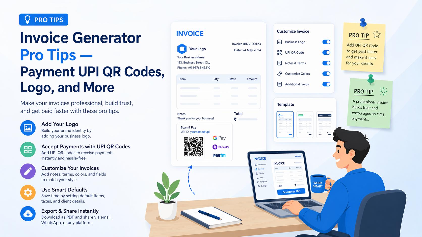 Invoice PDF preview showing a UPI payment QR code, paid status badge, authorized signatory section, and company logo in the header.