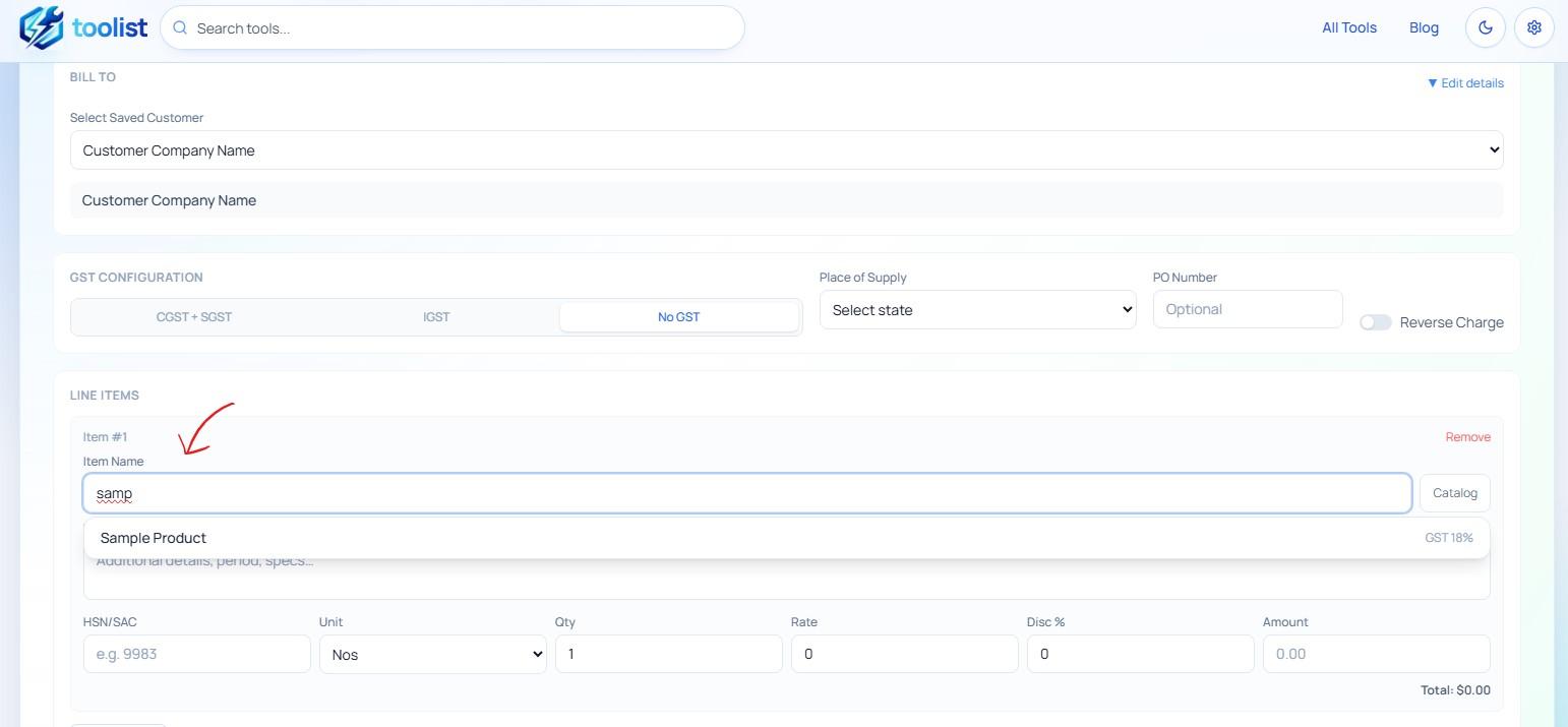 Item catalog autocomplete dropdown in the invoice builder