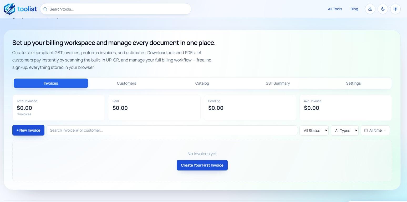 Toolist Invoice Generator Dashboard showing summary cards and invoice list