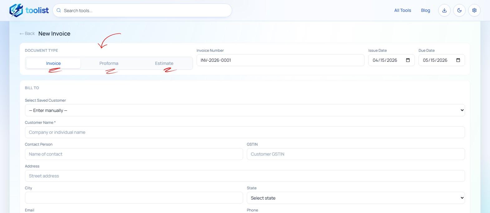 New Invoice type selector showing Invoice, Proforma, and Estimate options