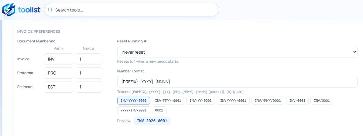 Invoice number format builder with a live preview of the generated number
