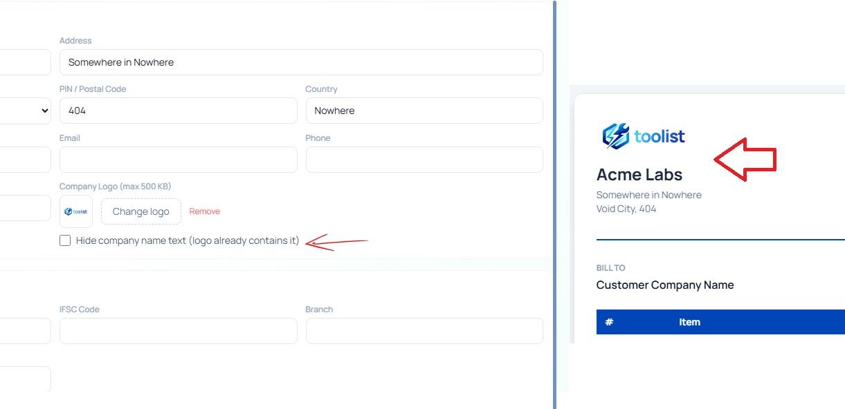Business profile settings showing the logo upload and hide company name toggle