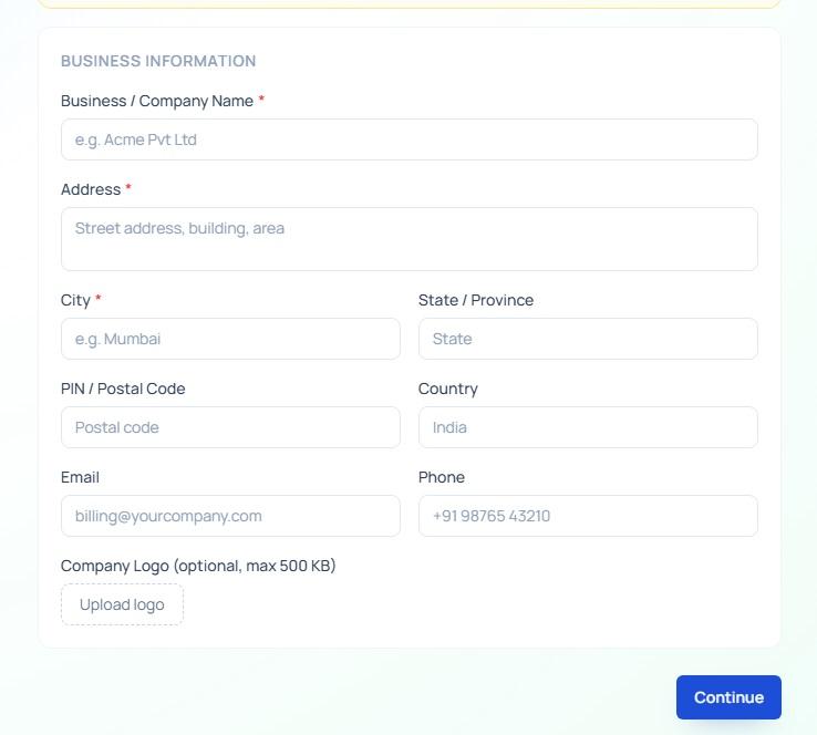 Toolist Invoice Generator Onboarding Wizard Step 1 — Business Details