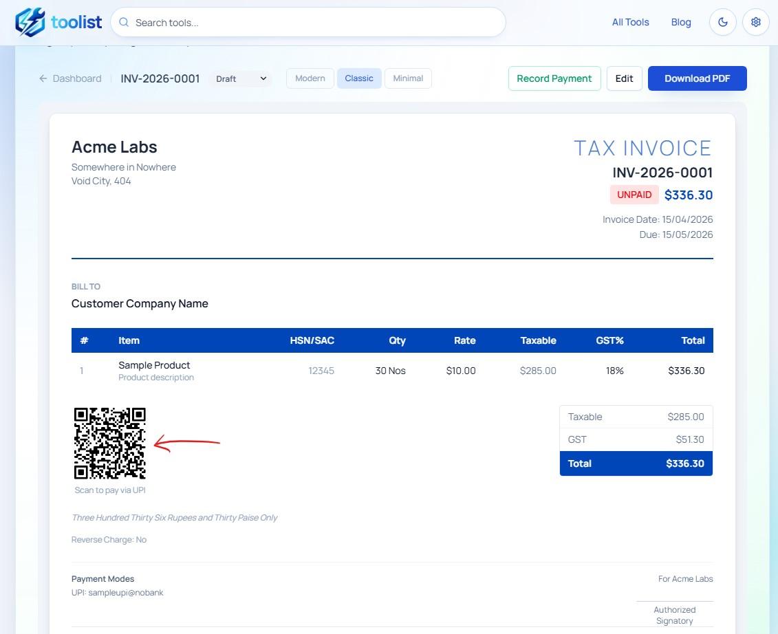 Invoice PDF showing the UPI payment QR code in the totals section